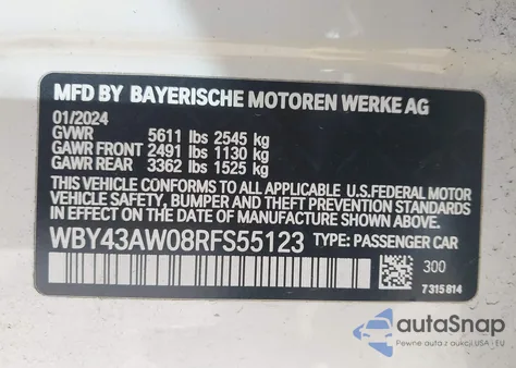 2024 BMW I4 Gran Coupe Edrive35 z USA, uszkodzony, nr VIN WBY43AW08RFS55123